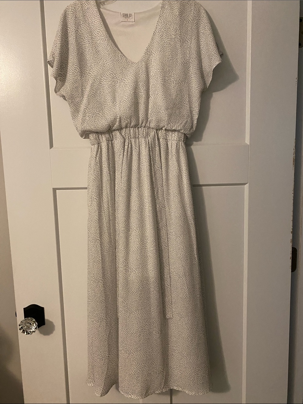 Sienna Sky White V-Neck Midi Dress with Micro Dot Print